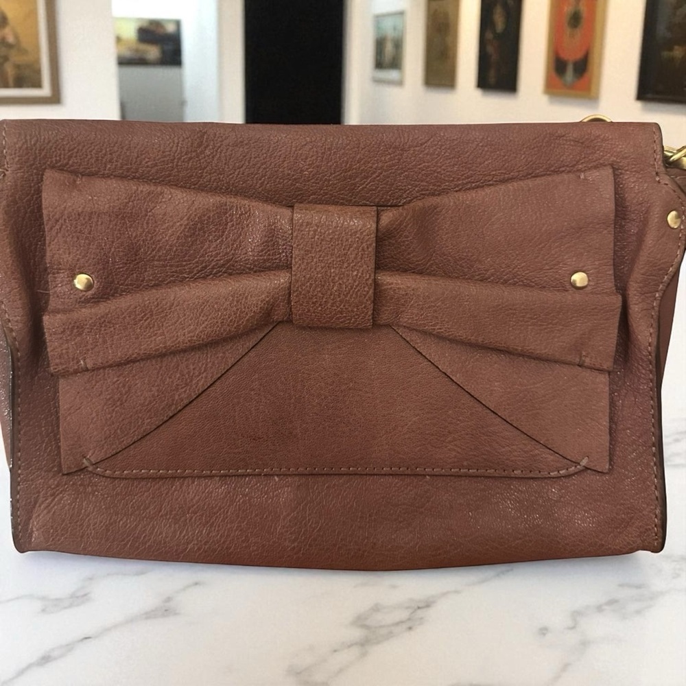 Nanette Lepore Brown Leather Clutch or Shoulder with Bow Detail